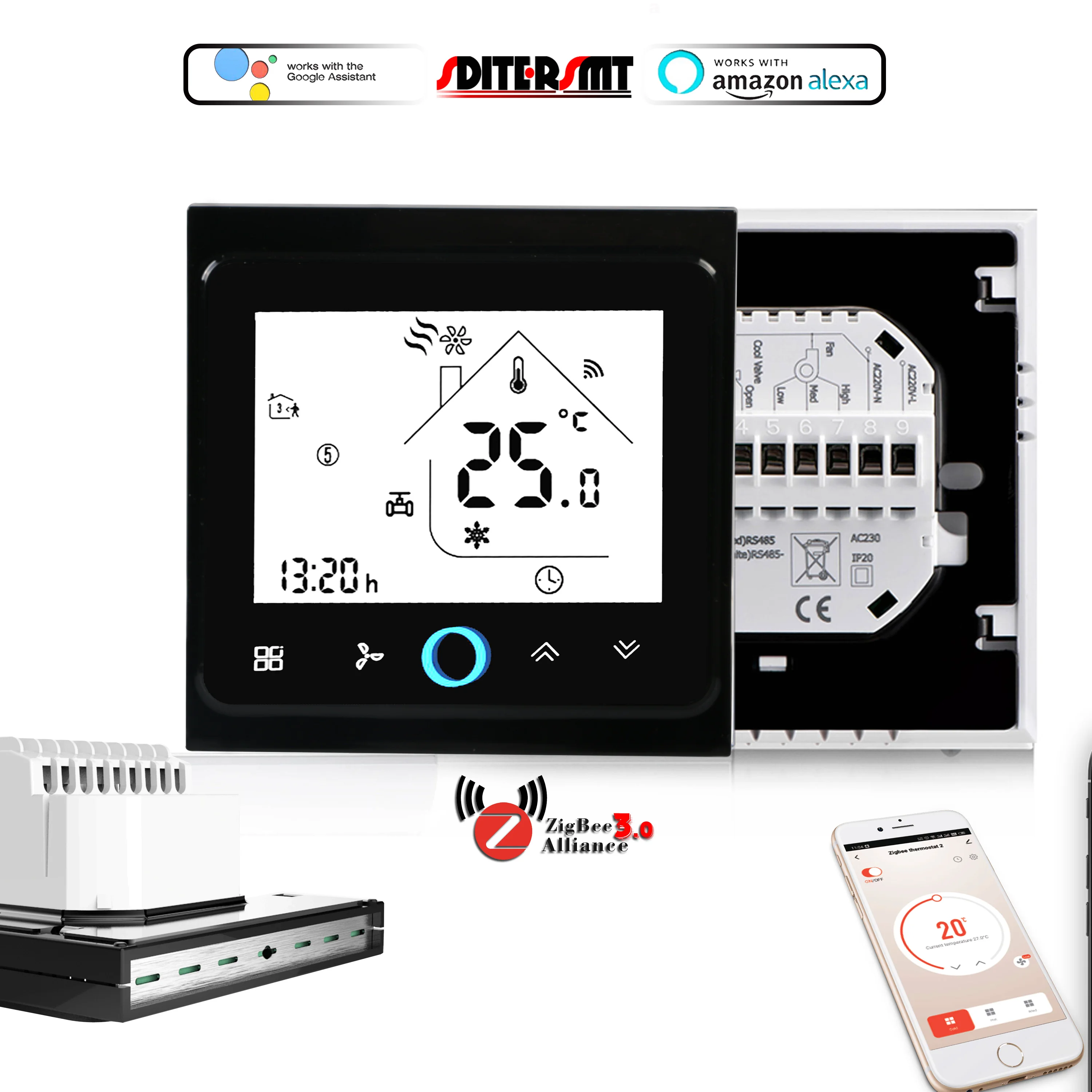 ملف مروحة منظم الحرارة لمفتاح التتابع لدرجة الحرارة ، تشغيل وإيقاف ، واي فاي ، زيجبي ، يعمل مع ياندكس ، اليكسيا ، جوجل هوم ، 24 فولت ، V V