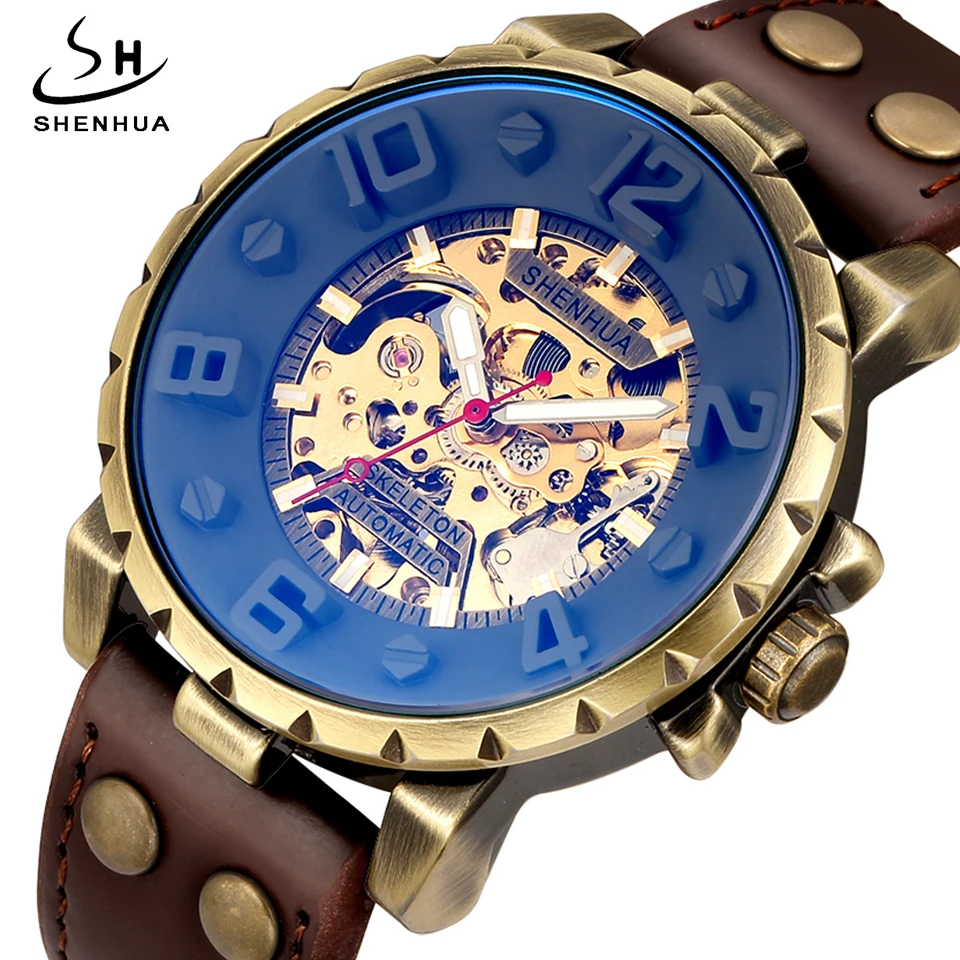 

New Retro Style Men Automatic Mechanical Watch Skeleton Steampunk Genuine Leather Band Mens Self Winding Wrist Watches Men Reloj