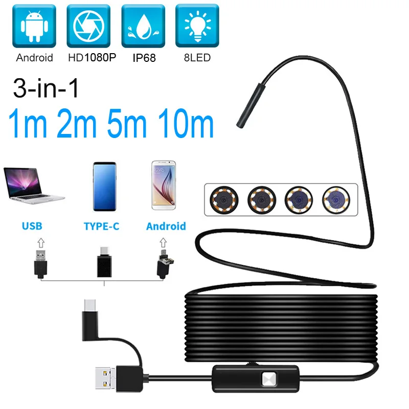 

Эндоскоп USB Type-C, 1080P, двойной объектив, 2,0 Мп, IP67, 8 светодиодов, для Samsung, Huawei, Xiaomi, ПК