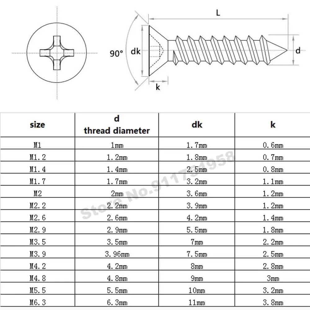 50pcs Mini 304 Stainless Steel Cross Phillips Flat Countersunk Head Self-tapping Wood Screw M1 M1.2 M1.4 M1.7 M2 M2.6 M3 M3.5 M4