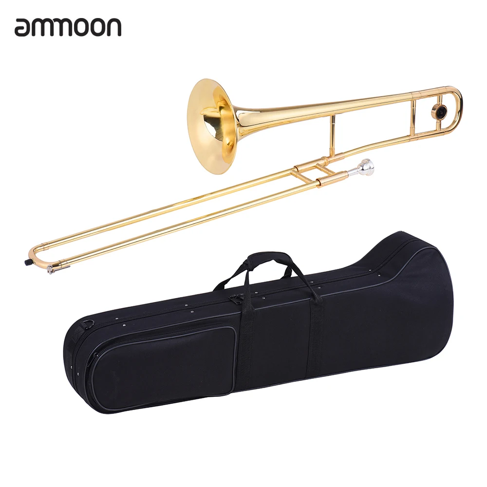 ammoon Tenor Trombone Brass Gold Lacquer Bb Tone B flat Wind Instrument with Cupronickel Mouthpiece Cleaning Stick Case