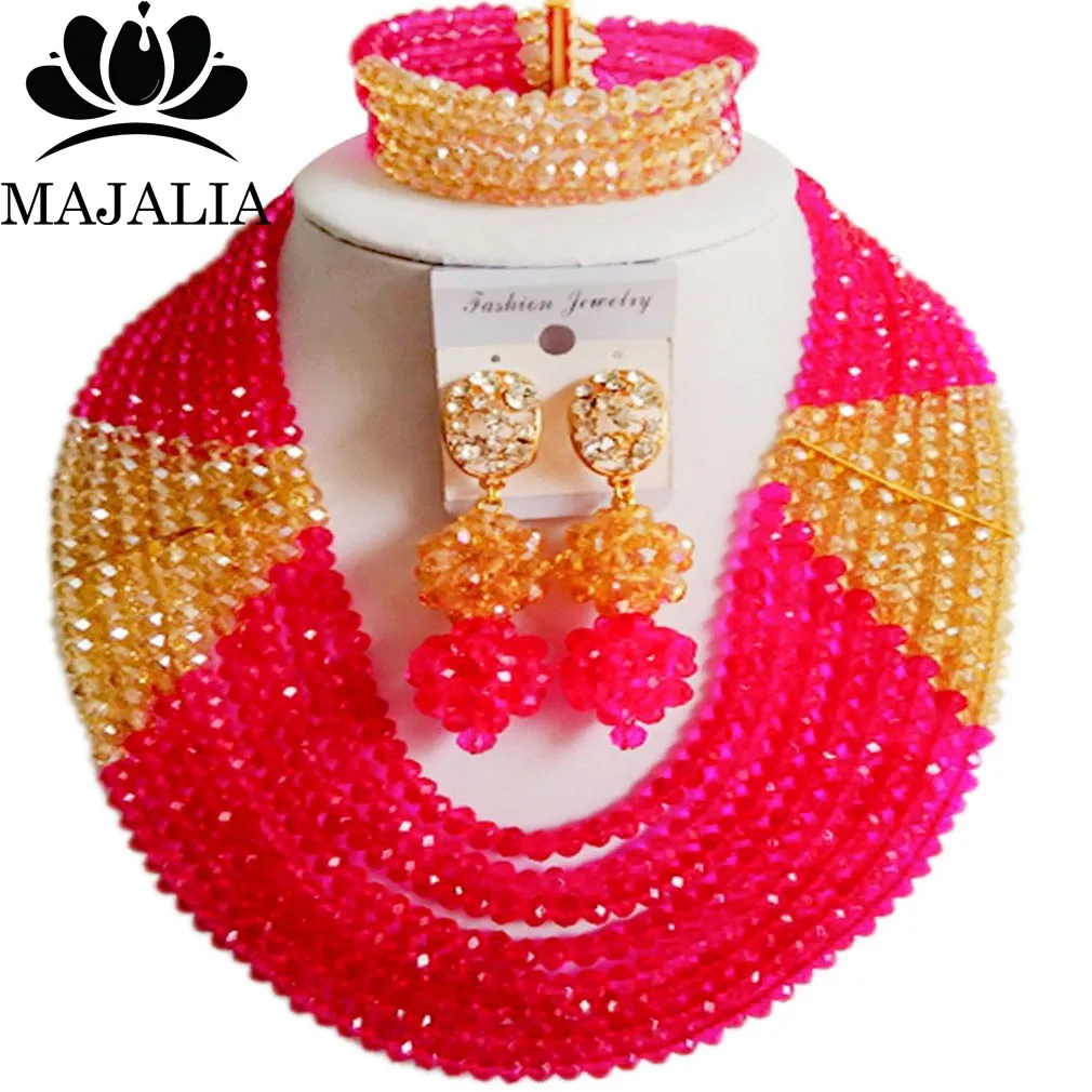 

Fuchsia Pink Crystal Wedding Jewelry Bride Female Necklace Earring Set African Bridal Jewelry Wedding Dress Accessories SJ-63