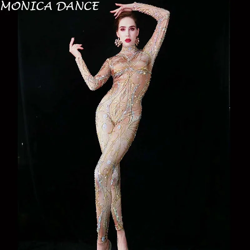 Sexy Stage Multi-color Rhinestones Nude Spandex Jumpsuit Women Singer Bar Leggings Prom Stage Wear Dancer Birthday Jumpsuit