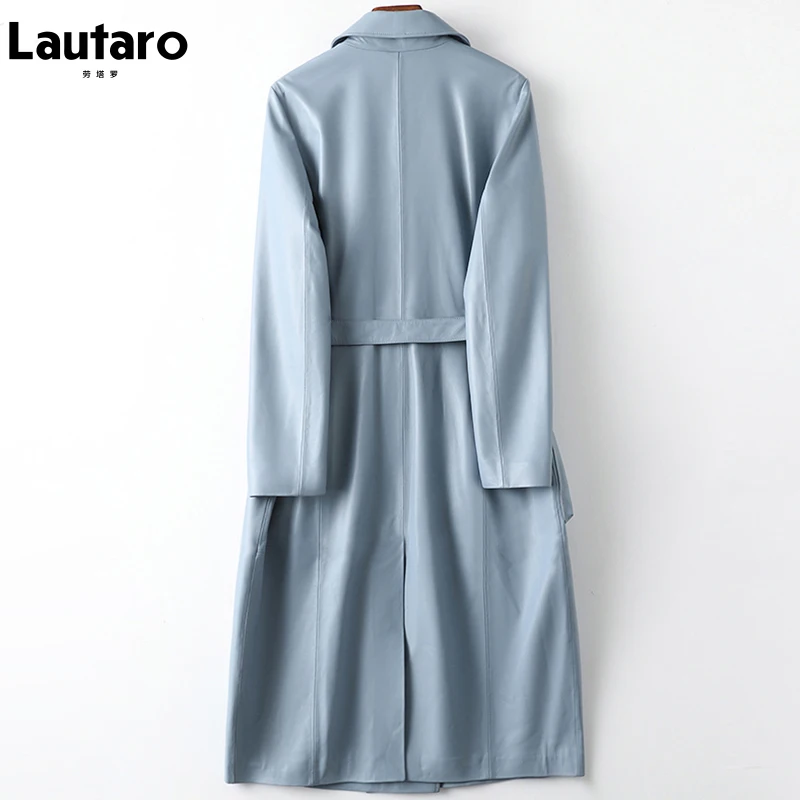 Lautaro-gabardina larga de cuero azul claro para mujer, abrigo suave con cinturón, doble botonadura, elegante, de lujo, estilo británico, a la moda,