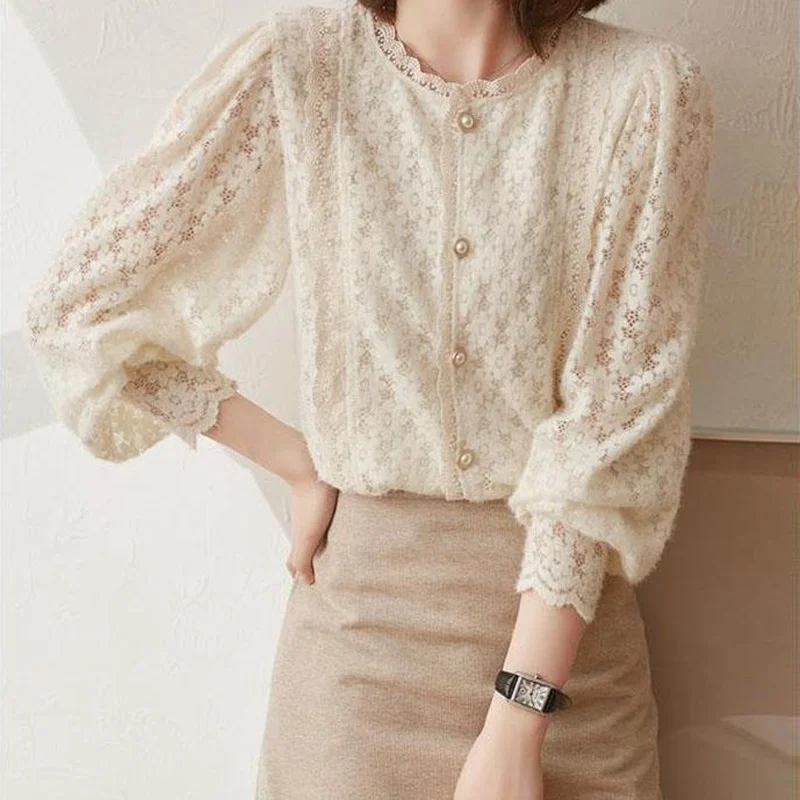 Blouse Women Elegant Slim All-match Lace Patchwork Leisure French Style Stylish Comfortable Female Simple See Through Streetwear