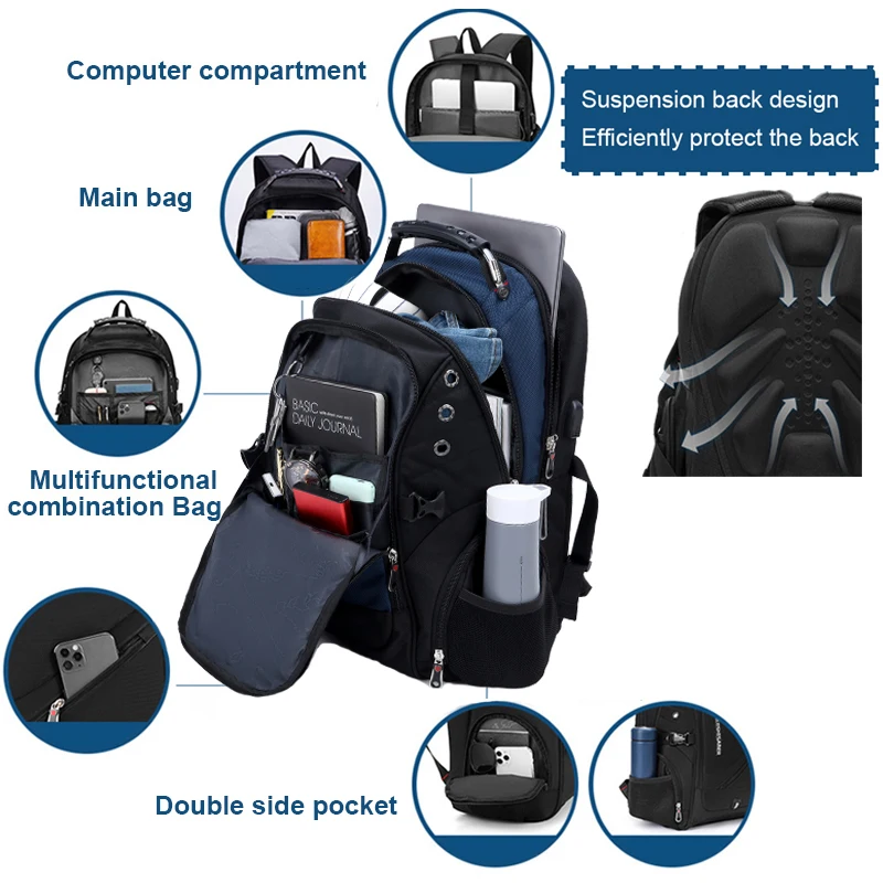 Anti-ladro moda uomo zaino multifunzionale impermeabile borsa per Laptop da 17.3 pollici uomo ricarica USB zaini da viaggio maschio Mochila
