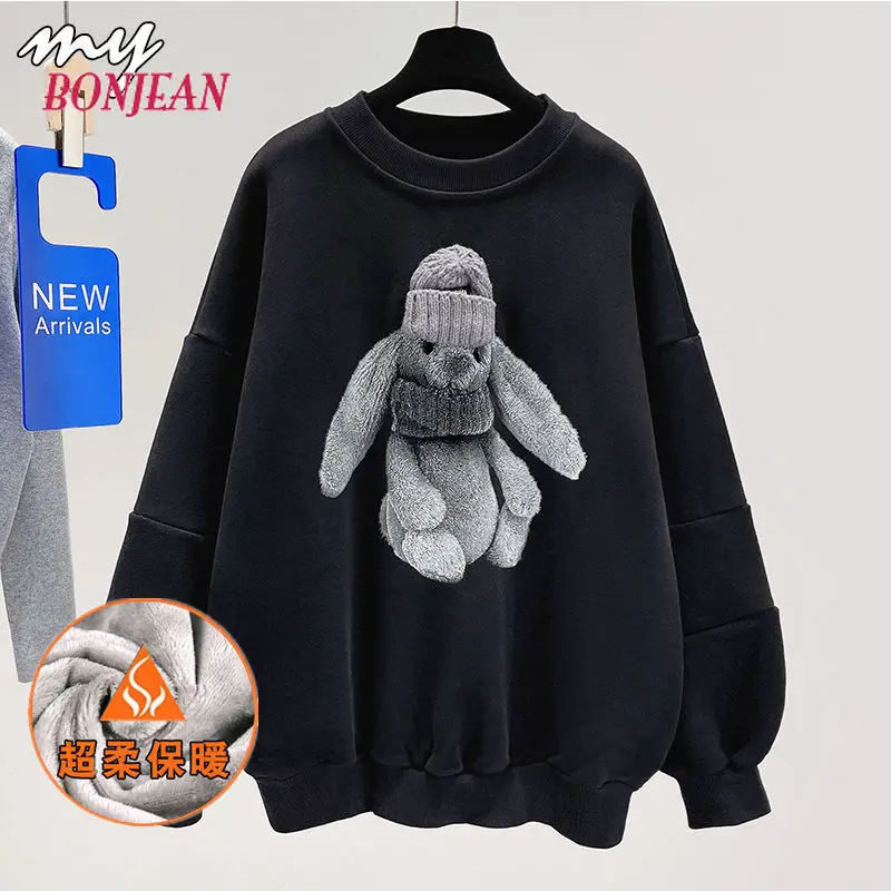 2021 Women Plus Size Fleece Cartoon Pullover Thick Korean Loose Embroidery Women Streetwear Women Kawaii Clothes Sweatshirt