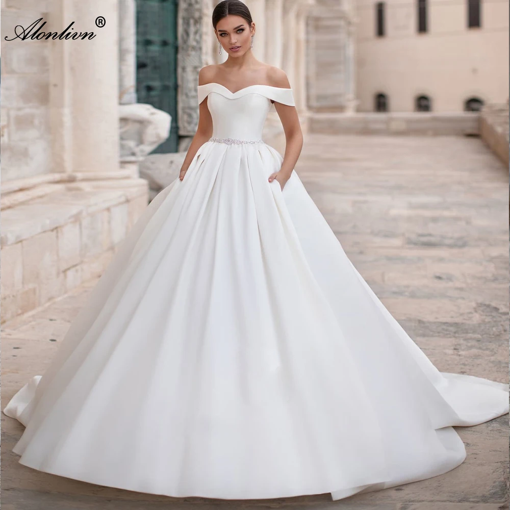 Alonlivn Customize Made Luxury Satin Sweetheart Lace Up Beading Crystals Court Train Ball Gown Princess Wedding Dresses
