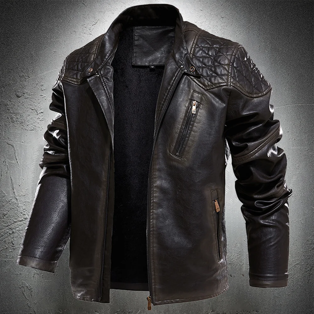 

Spring Fashion Locomotive Leather Jackets Men's Pull Style Jacket Youth Handsome Stand Coats Solid Color Leather Coat