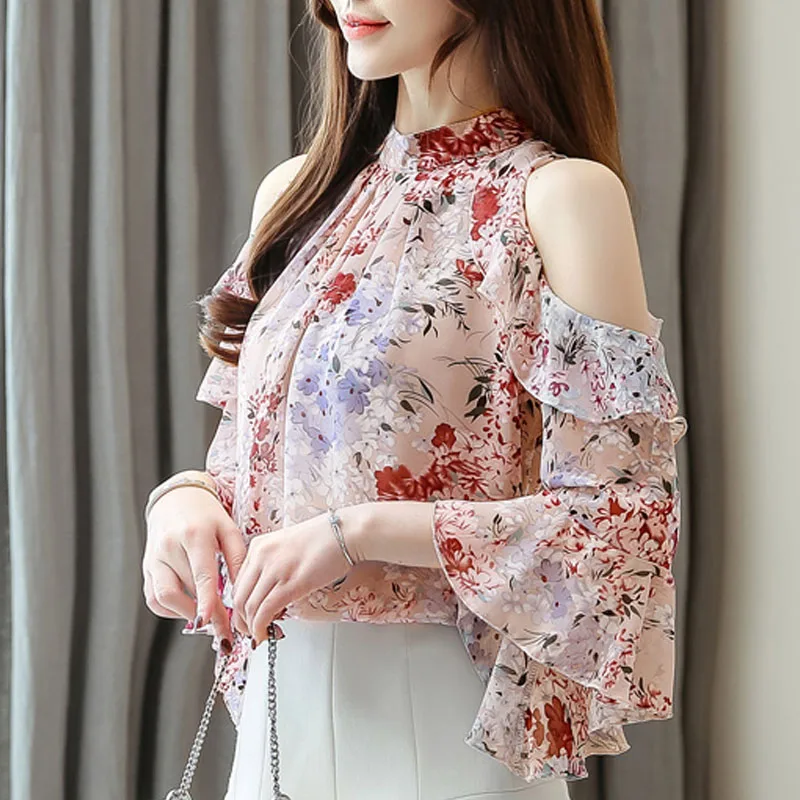 Elegante Vrouwelijke Kleding 2023 Bloemen Chiffon Blouse Voor Vrouwen Ruches Vlinder Mouw Roze Blauw Blusas Mujer Tops Dames 2122