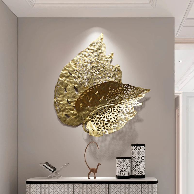 Luxury Wrought Iron Wall Hanging Golden Leaf Ornament Home Room Background Accessories Wall Sticker Decoration Wall Mural Crafts