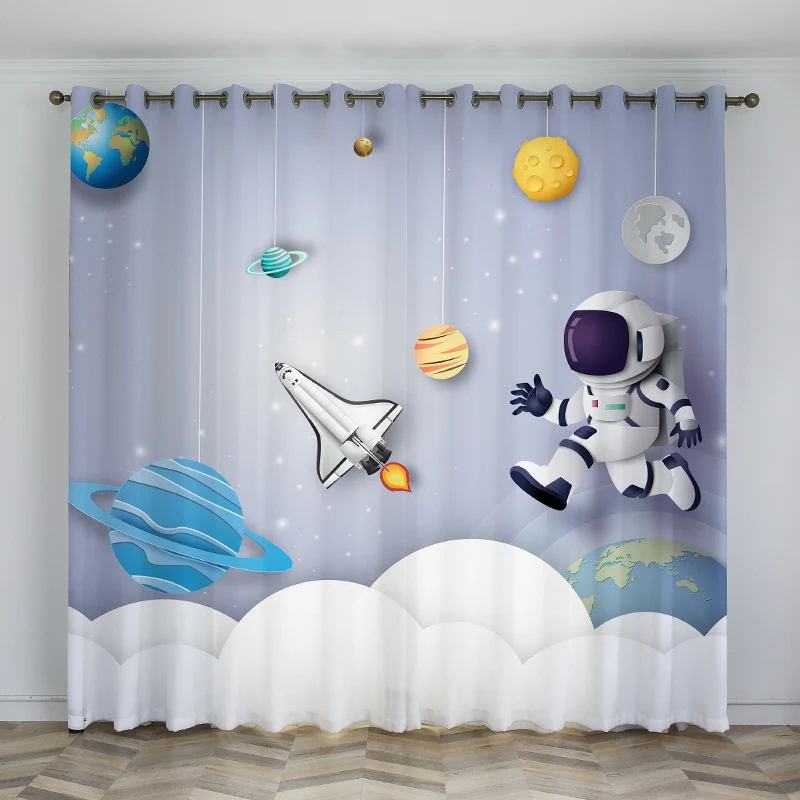 Custom Size Eco-friendly Rocket Spaceman Planet Moon Universe Cartoon Digital Printed Blockout Curtains For Kids Boys Bedroom