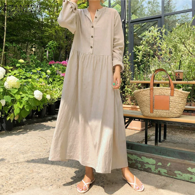 2023 Autumn ZANZEA Women Casual Solid Long Shirt Dress Pockets Long Maxi Vestidos Office Lady Work Cotton Dress Party Robe Femme