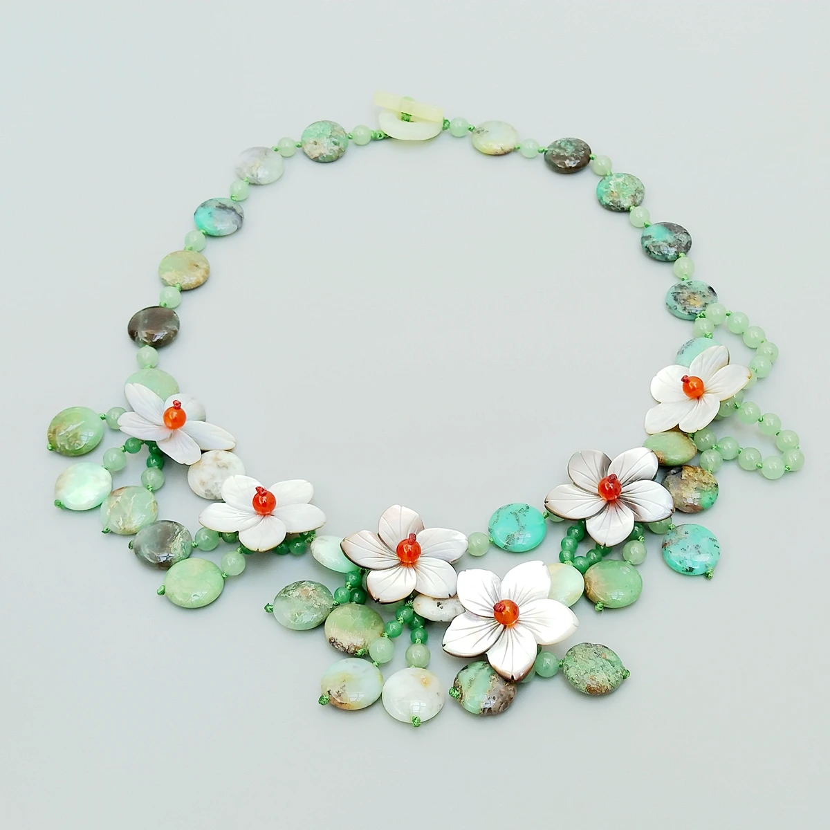 Lii Ji Real Stone Green Statemente Necklace Chrysoprase Mother of Pearl Shell Flowers Necklace Women Jewelry Gift