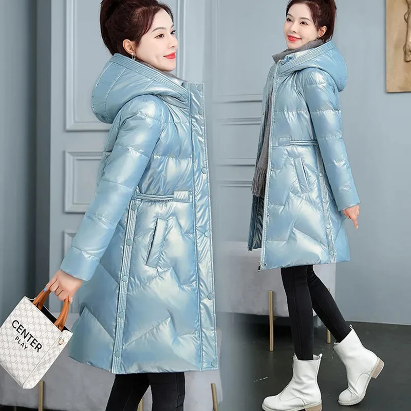 

New Winter Jacket Cold Warm Outerwear Womens Long No Wash Glossy Down Cotton Jackets Casual Hooded Parka Overcoat Windproof Coat