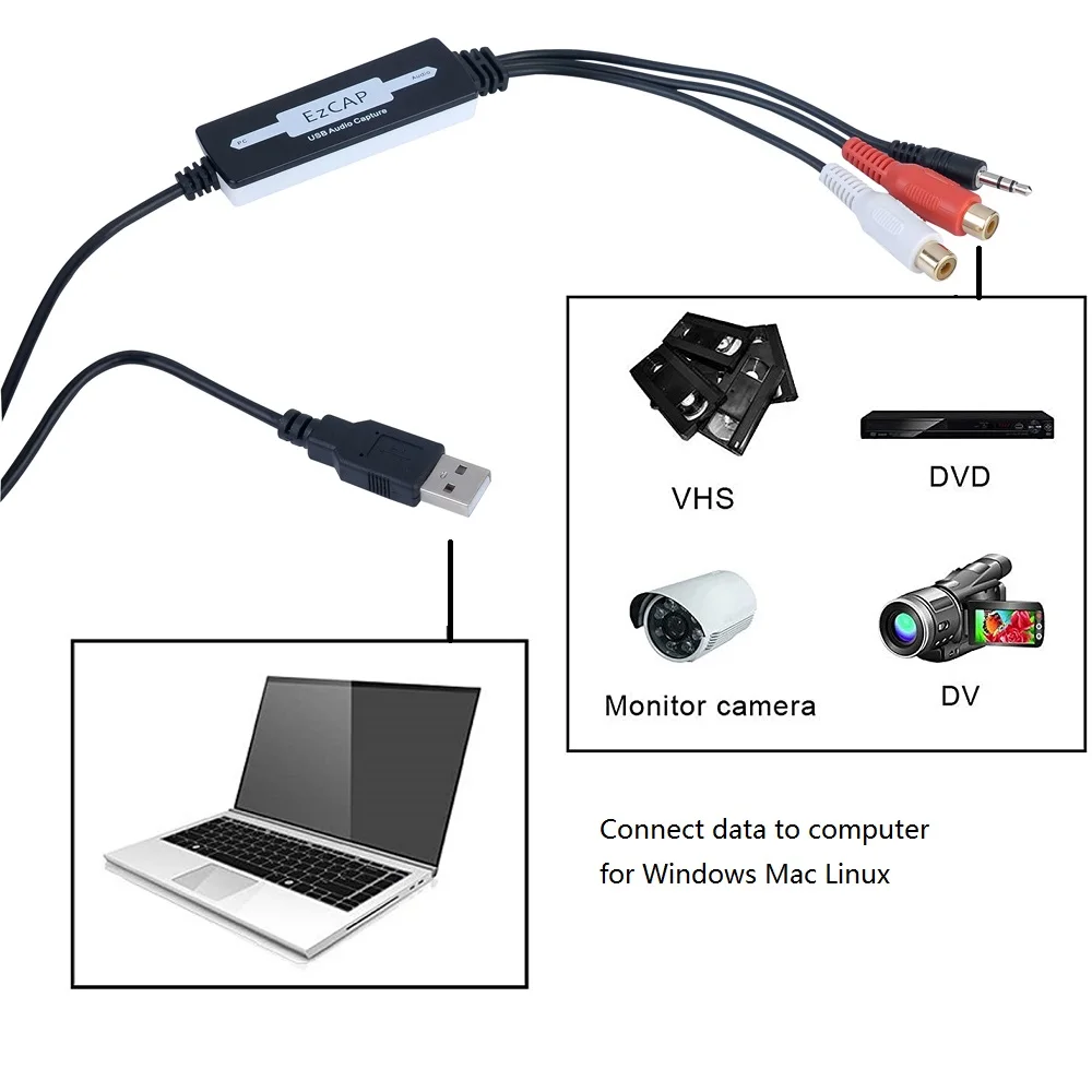 usb2.0 audio digitizer, record audio From cassette , VCR's,tape, walkman, Camcorders, Hi8 to digital MP3 format Wins MAC linux