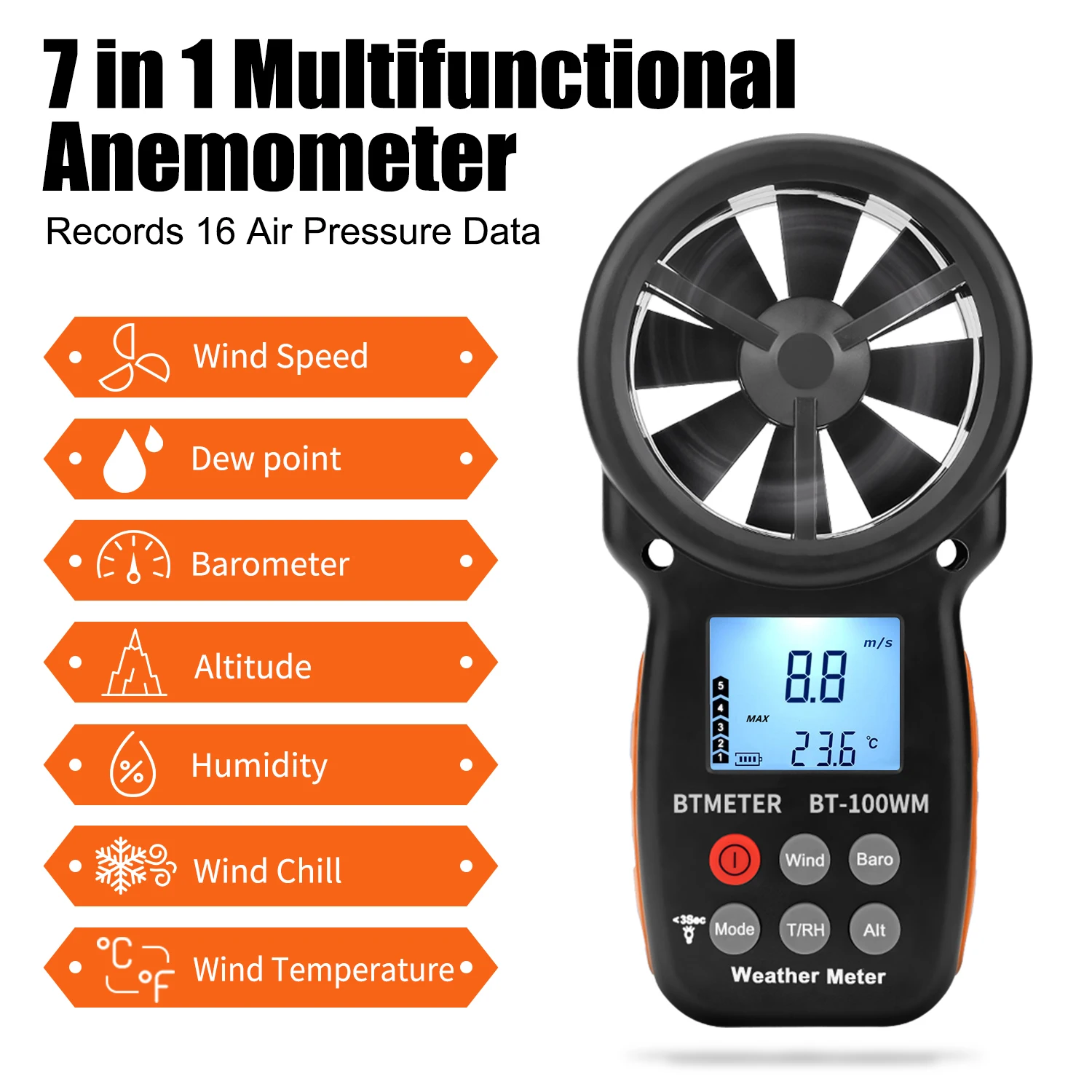 BTMETER BT-100-WM cyfrowy anemometr barometr ręczny, do prędkości wiatru temperatura tester chłodzenia wiatru wilgotność