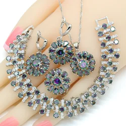 2021 Rainbow Zirconia Silver Color Dubai Bridal Jewelry Sets For Women Necklace Pendant Bracelets Earrings Rings Gift Box