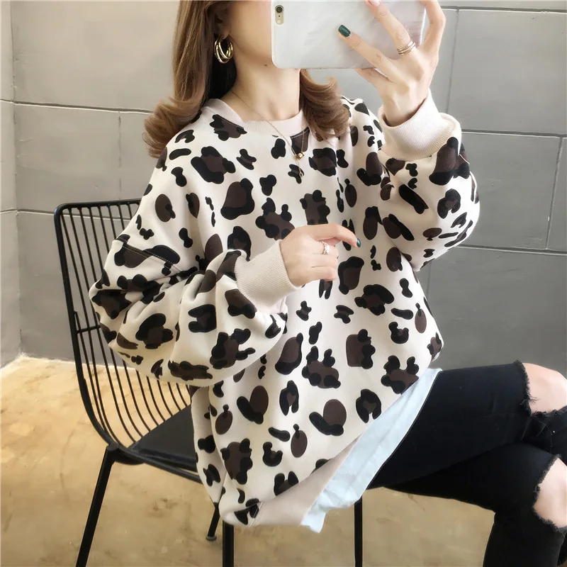 Korean Fake Two-Piece Sets Sweatshirts Long Sleeve O-Neck Spring Loose BF Leopard All-Match Thin Section Autumn Fashion Clothing