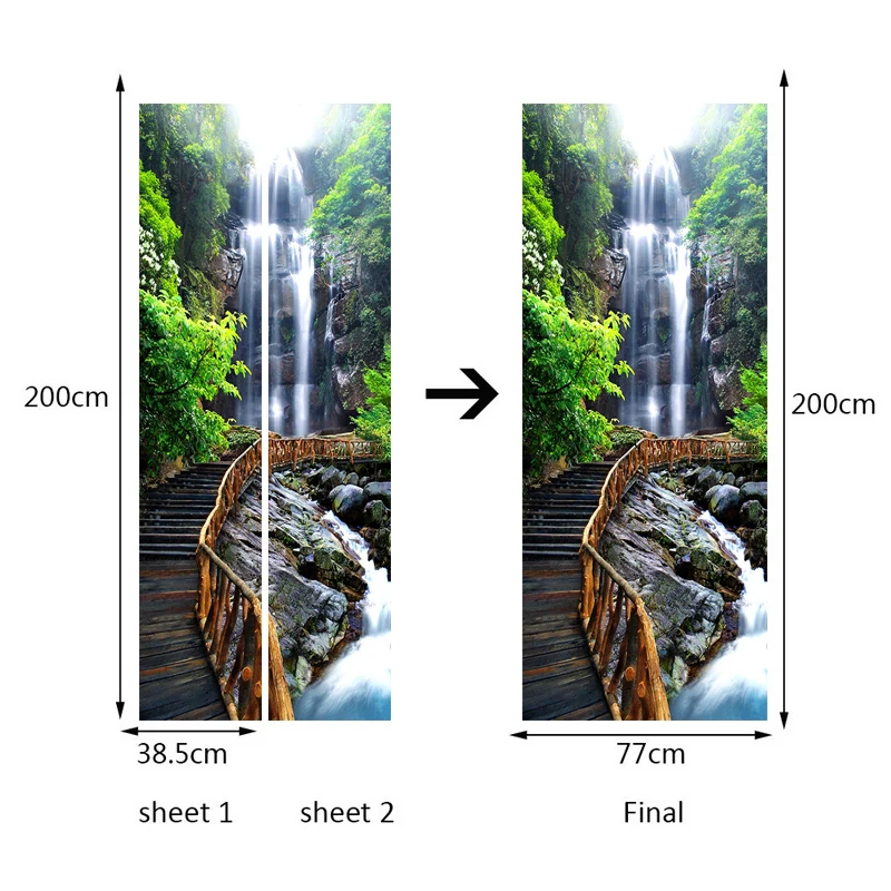 PVC 자체 접착 방수 폭포 문짝 스티커, 3D 자연 풍경 벽지, 거실 침실 문짝 벽화 스티커