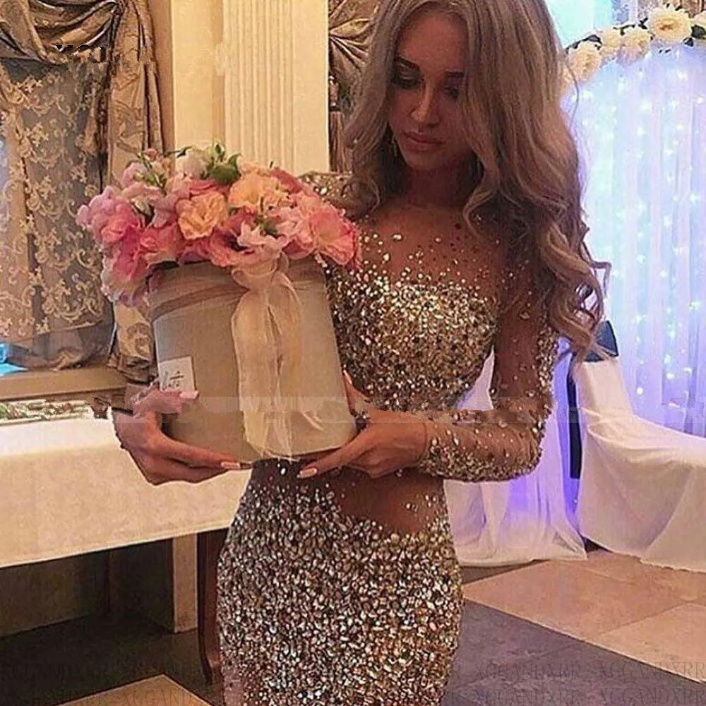 Impresionante Vestido corto de manga larga para graduación, minivestido Sexy de talla grande con diseño de ilusión, cuentas de cristal