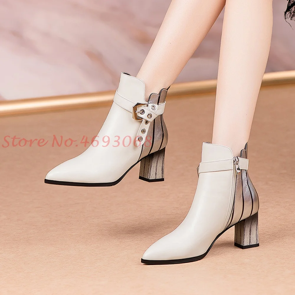 

Belt Buckle Splicing Short Boots Super High Heel Side Zipper Pointed Toe Chunky Heels Genuine Leather British Style Women Winter