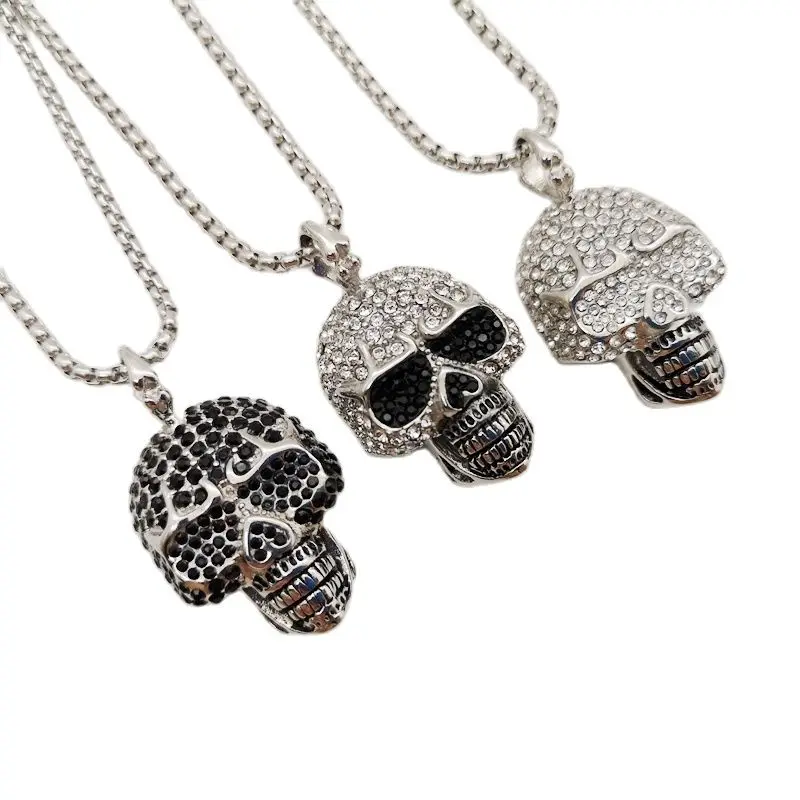 Black Knight Full Rhinestones Bling Bling Skull pendant neckalce 316L stainless steel Skull punk necklace BLKN0780