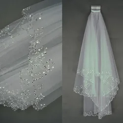 Luxury White Ivory Short 75cm Wedding Veil with Beads Sequins Edge with Comb 2 Layers in Stock