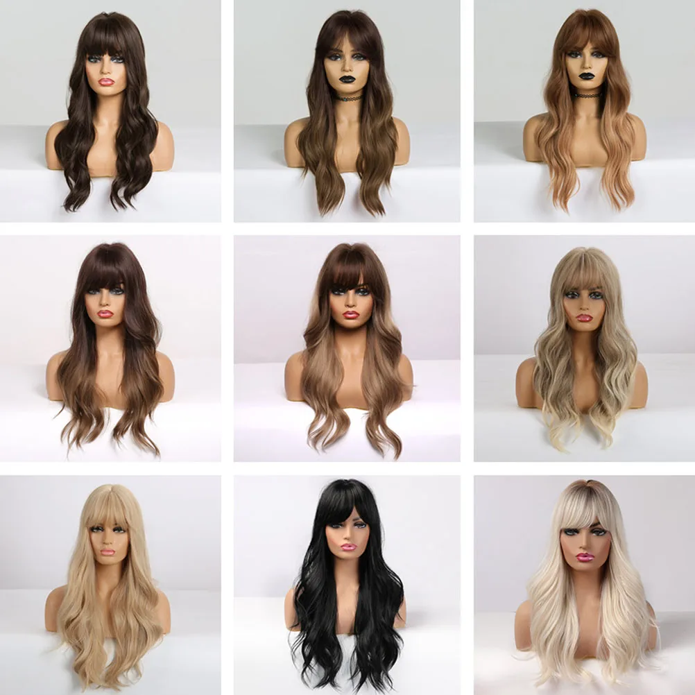 EASIHAIR Long Brown Ombre Synthetic Wigs for Black Women Water Wave Women\'s Wigs with Bangs Heat Resistant African American Hair