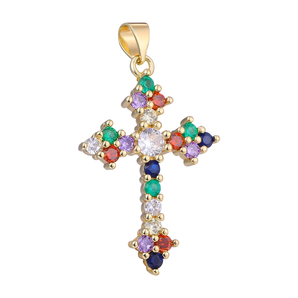 Juya Handmade 18K Real Gold Plated Cubic Zirconia Christian Cross Charms For Christmas Religious Rosary Pendant Jewerly Making