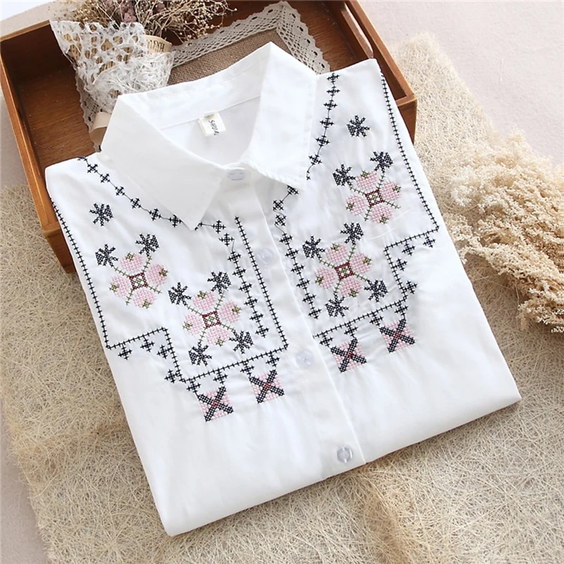 Shirts Women White Floral Cartoon Embroidered Printing Single-breasted Pockets Turn-down Collar Womens Shirt Students All-match