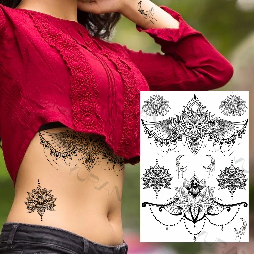 YURAN Women Girl Big Arm Owl Fake Tattoo Temporary Henna India Tatoo Stickers Custom Mandala Flower Black Turtle Tattoos Lace