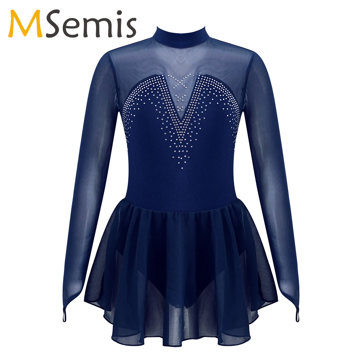 MSemis Kids Girls Sparkly Rhinestone Figure Skating Dress Tulle Splice Keyhole Back Ballerina Dance Gymnastics Leotard Dress