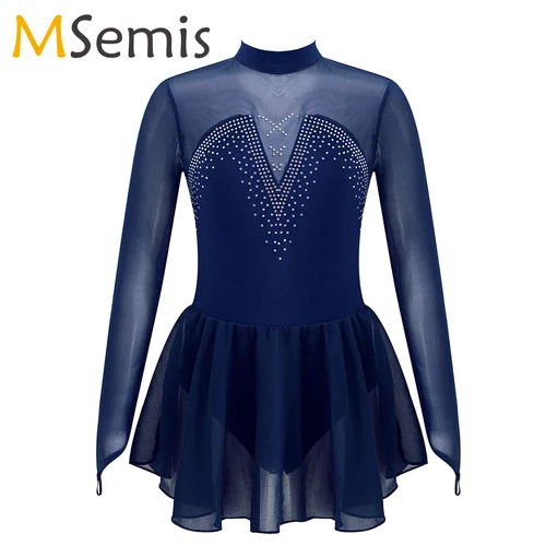 MSemis, vestido de patinaje artístico con diamantes de imitación brillantes para niñas, vestido de leotardo de gimnasia y bailarina con abertura en la espalda y empalme de tul
