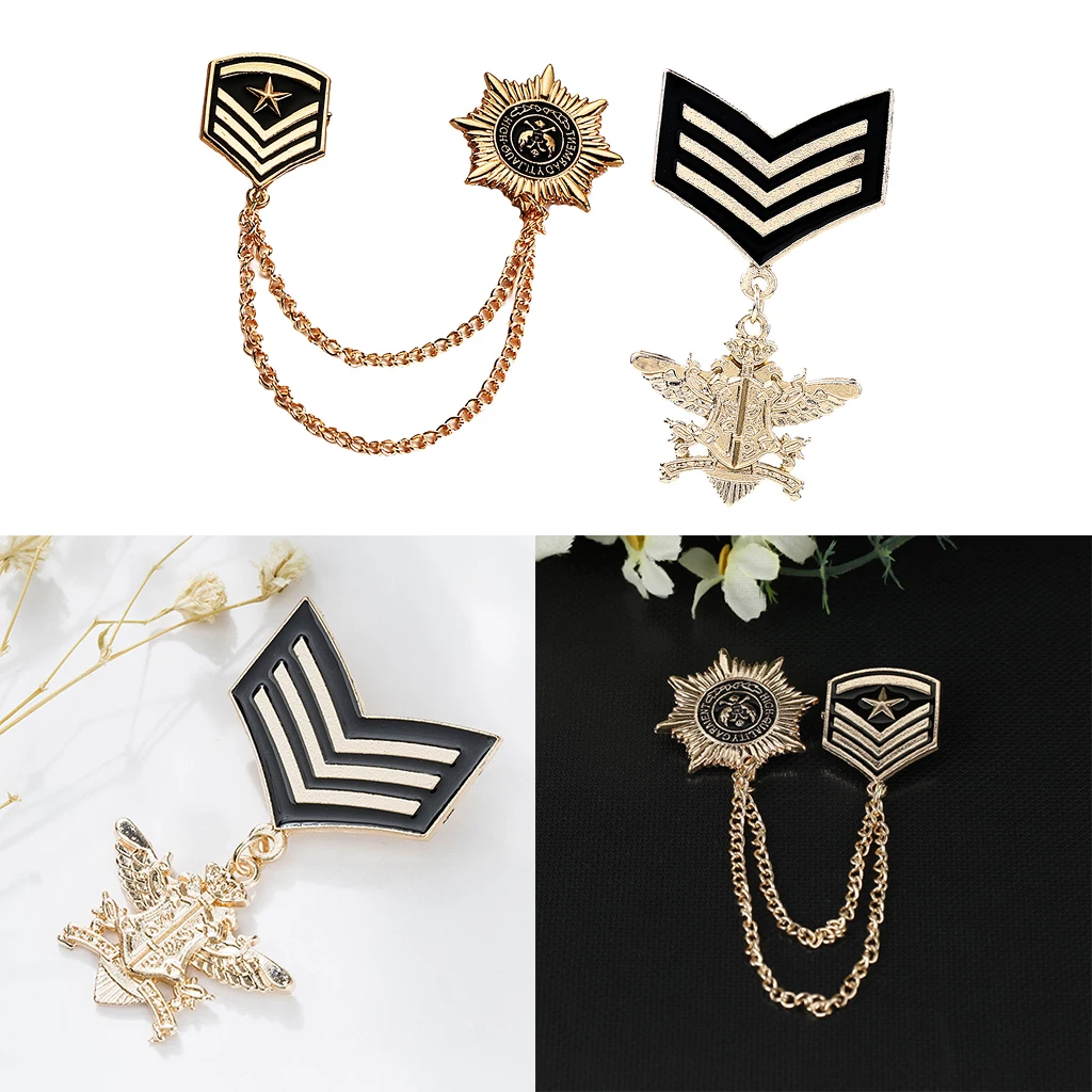 2 Pieces Vintage Star Uniform Pin Brooch Badge Award Navy Style Medal Chain Gift