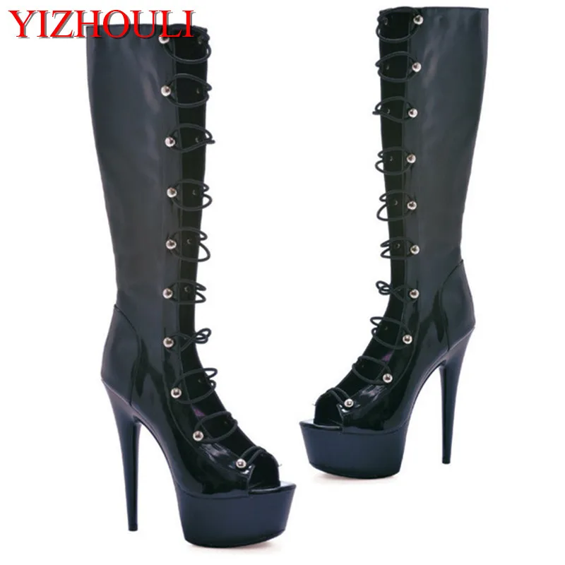 Summer 15cm heels, sexy open-toe summer boots, pole dancing 6-inch women's knee-high boots