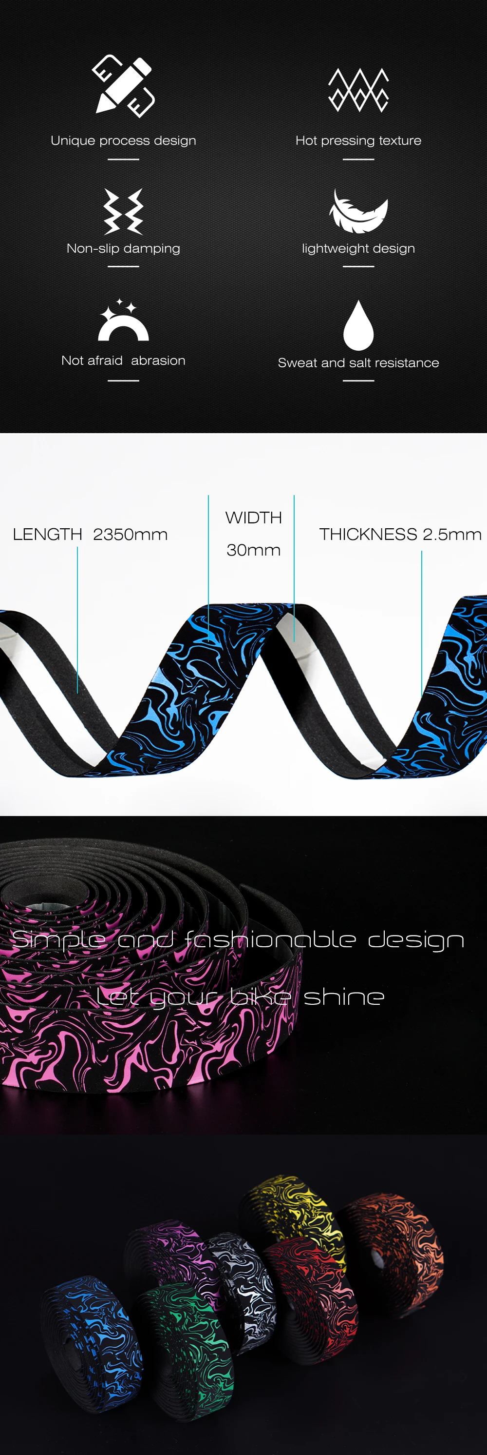 Chooee Bicycle Handle Bar Tape Shock Absorber 2350mm Cycling Road Bike Handlebar Tape Wrap HT990