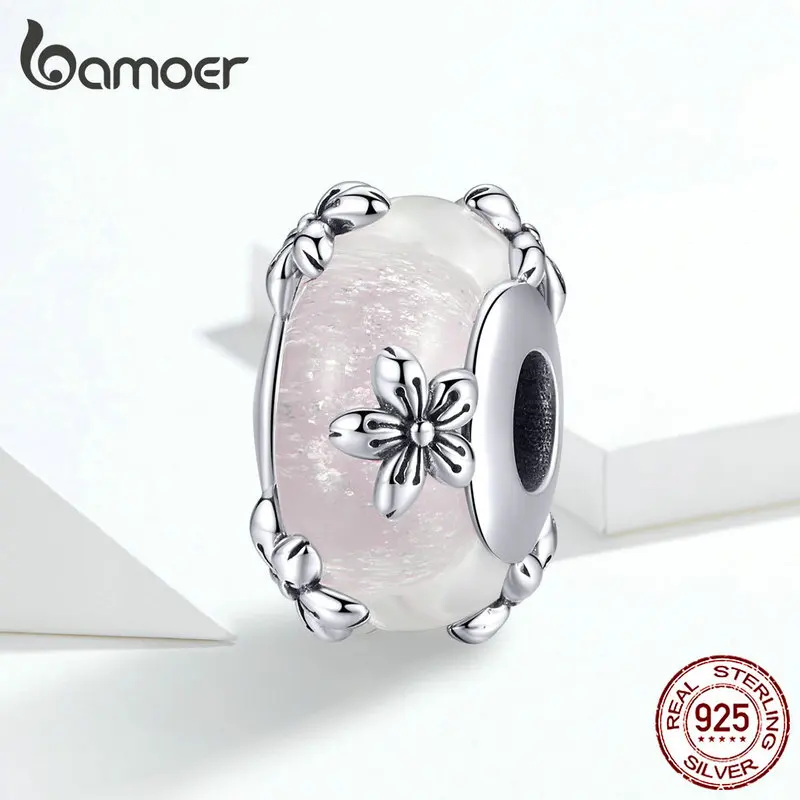 bamoer Vintage Flower Handmade Murano Beads for Women Origianl Silver Bracelet Glass Charm 925 Sterling Silver Jewelry SCC1302