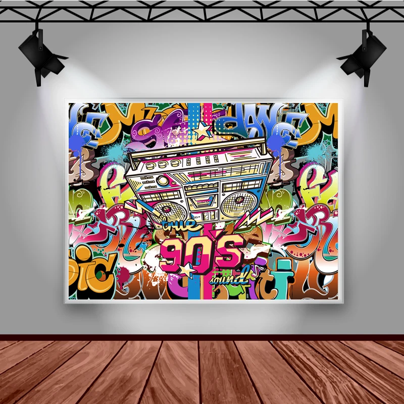 Fondo de cumpleaños con tema de los 80 y 90, fondo de fotografía Hi Pop de los años 90, música, Graffiti, pared, cartel para fiesta de cumpleaños