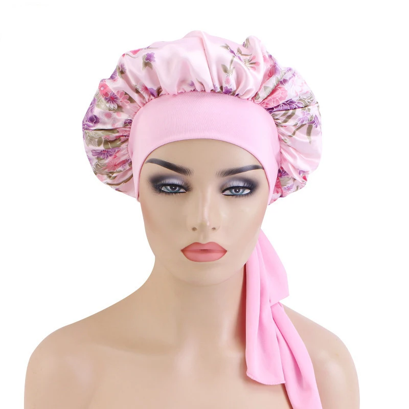 Large Size Satin Bonnet Women Night Sleep Cap Floral Printed Adjustable Wide Band Elastic Head Wrap Hair Bonnet Sleeping Hat