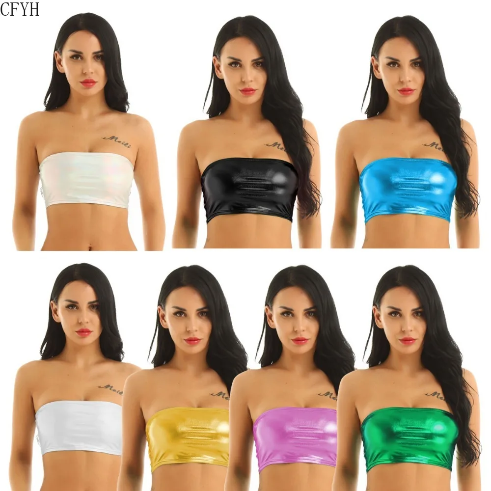 Women Sexy PU Leather Tube Tops Lady Off Shoulder Strapless Crop Top Blouse Shirt