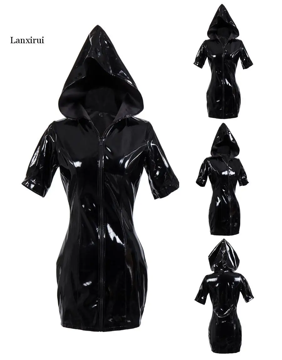 

Women Faux PU Leather Dresses Shiny Latex PVC Hooded Zippers Dress Sexy Club Party Oversize 3XL Lady Dress