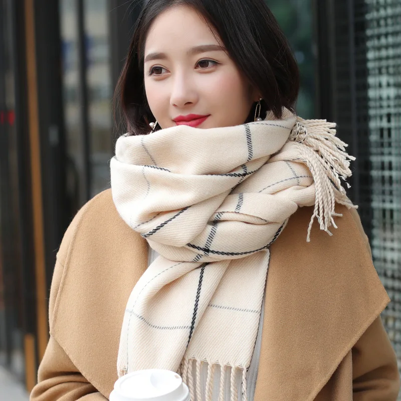 Fashion Imitation Cashmere Women Vintage Plaid Print Winter Scarf Streetwear Warm Knitted Casual Tassel Female Long Shawl Wrap