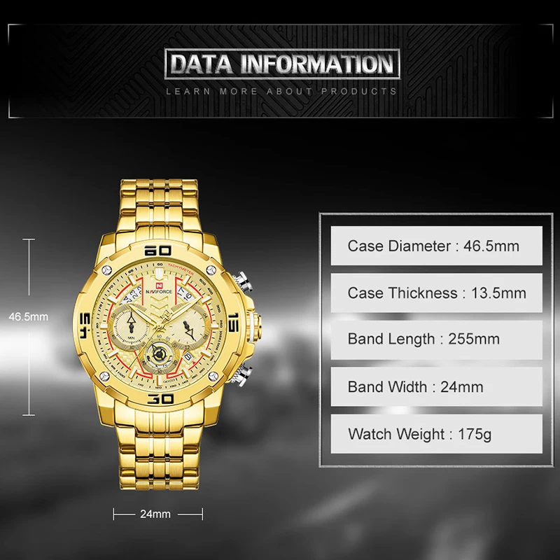 NAVIFORCE Watches Sport Chronograph Luxury Gold Watch Men Quartz Wristwatch Date Waterproof Clock Relogio Masculino 2020