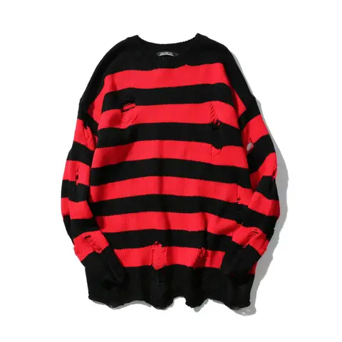 Suéter de gran tamaño a rayas rojas y negras para hombre, jerséis de punto con agujeros rasgados lavados, suéter cómodo informal estilo Harajuku Unisex