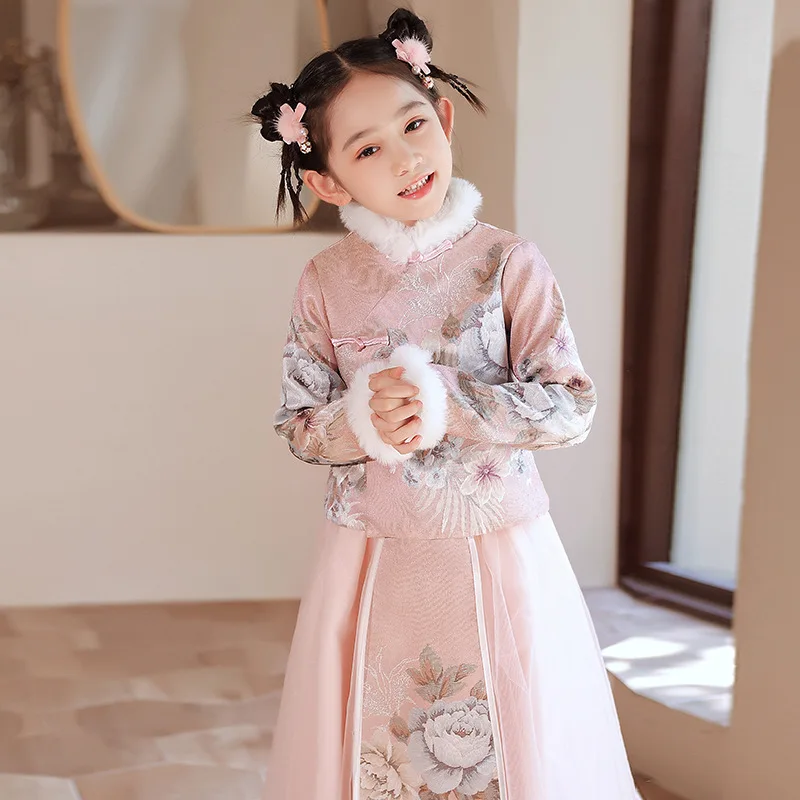 Traje Hanfu grueso de estilo chino para niñas, Vestido de princesa de felicitación de Año Nuevo, Cheongsam para fiesta y actuación de noche, Invierno