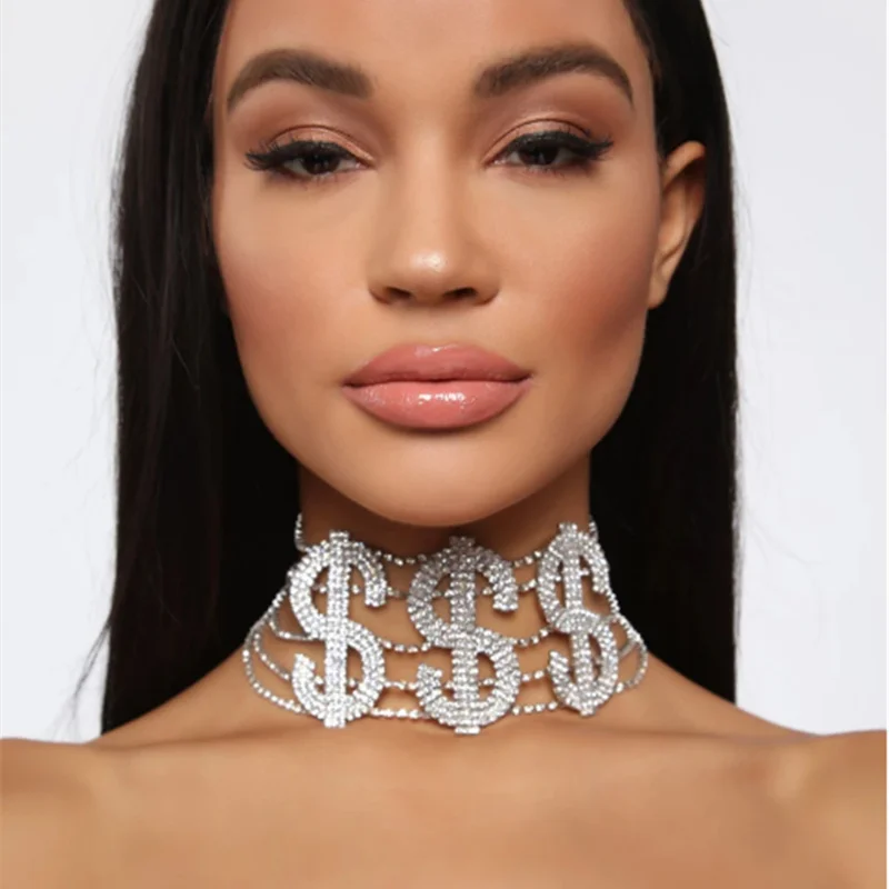 

StoneFans Statement RICH Money Sign Rhinestone Choker Necklace for Women Crystal Big Letter Choker Collar Necklace Jewelry
