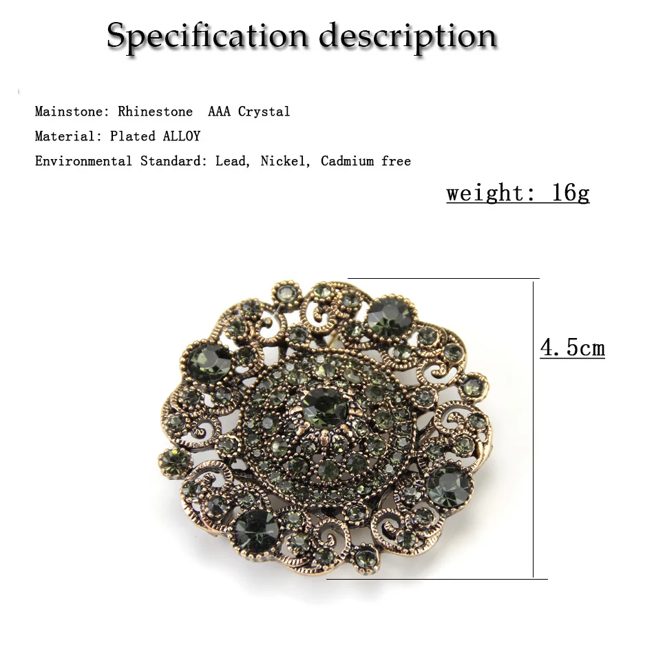 Sunspicems Turkish Gray Crystal Brooch for Women Retro Gold Color Round Flower Scarf Pins Bohemia Vintage Rhinestone Jewelry