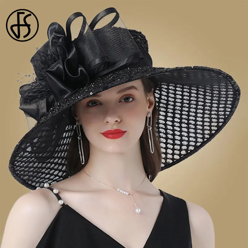 FS Fascinator Kapelusze Ślubne Panna Młoda Kentucky Derby Kapelusze Dla Kobiet Kapelusz Kościelny Kapelusze Kwiatowe Duże Szerokie Rondo Fedora Organza Kapelusz