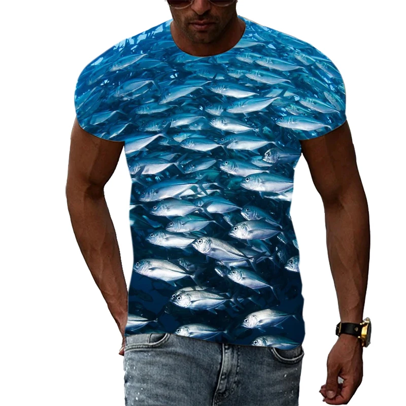 Summer Fashion Sea Fish graphic t shirts Men Casual Trend Print T-shirt The underwater world Pattern short sleeve t-shirts Top